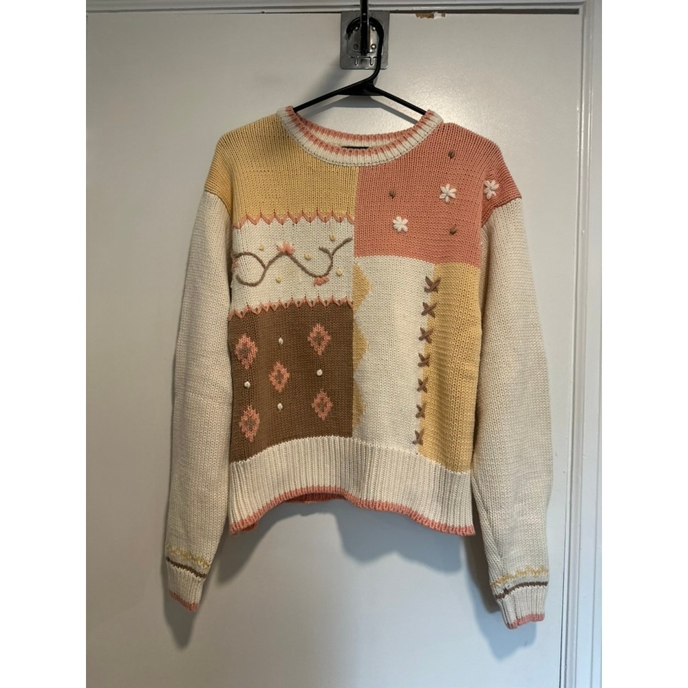 Lizwear Vintage Cottagecore Patchwork Knit Sweater Sz:L Multicolor Cotton